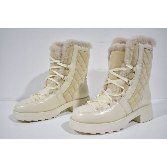 Chanel 21K Ivory Velvet Shearling Fur Brave CC Lace Up Tie Ankle Tall Boots 36 - Picture 9 of 12